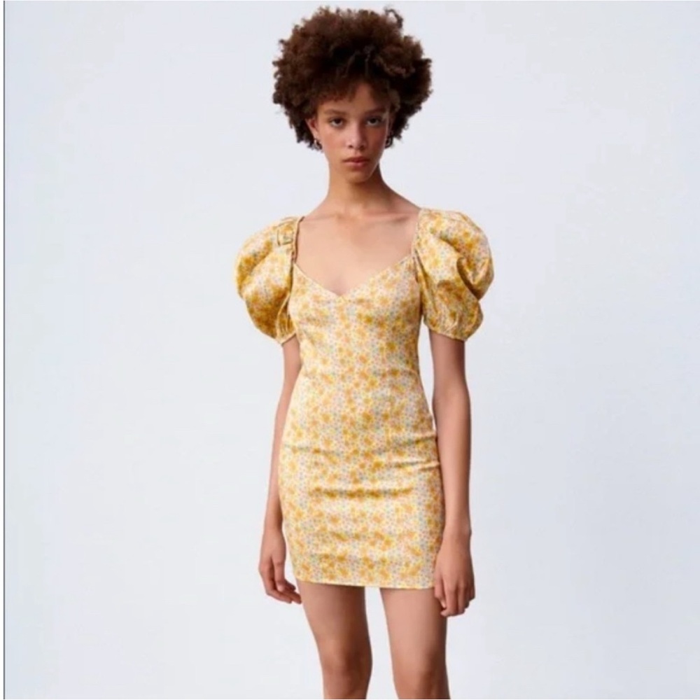 ZARA Satin Effect Floral Puff Sleeve Mini Dress Size Small (Fits XS)